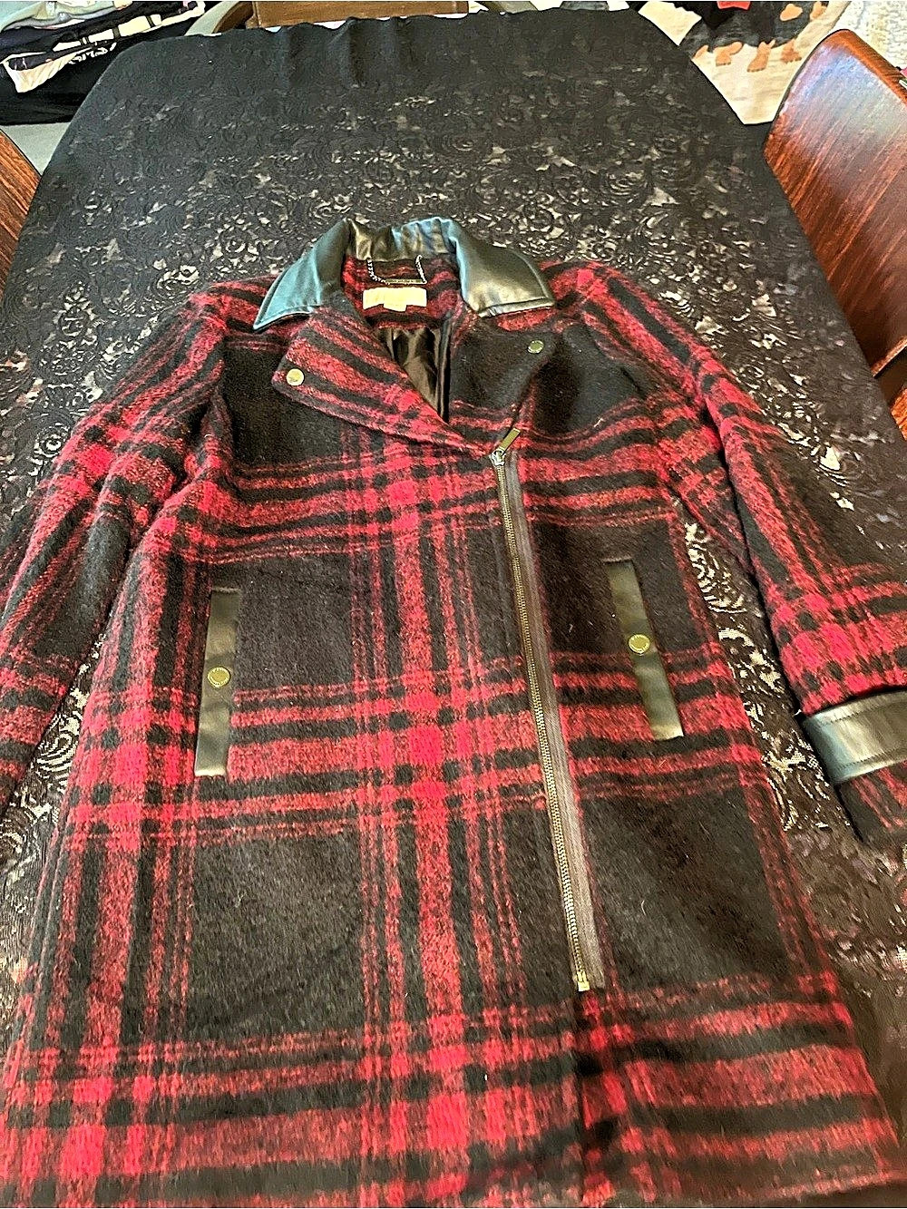 Michael Kors Plaid Wool-Look Coat in Red & Black Size small